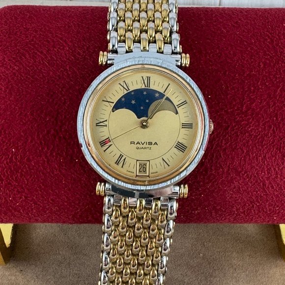 Classic Swiss Made Ravisa Quartz Moon Phase Champagne Dial 2 Tone Ladies Watch - Picture 6 of 12